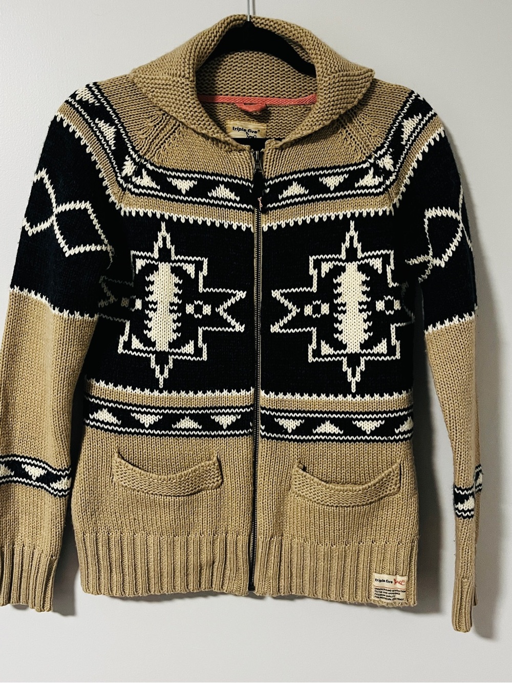 Vintage Zip-Front Aztec Knit Cardigan Sweater - Black & Tan